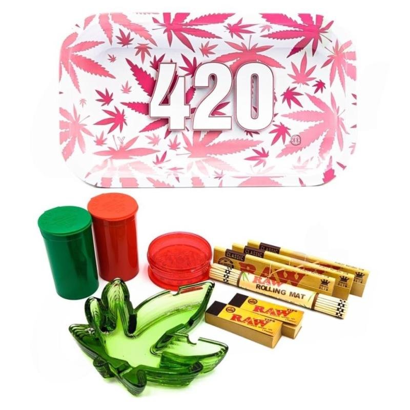 420 Pink Weed Leaf Design Metal Rolling with Ash Tray Set