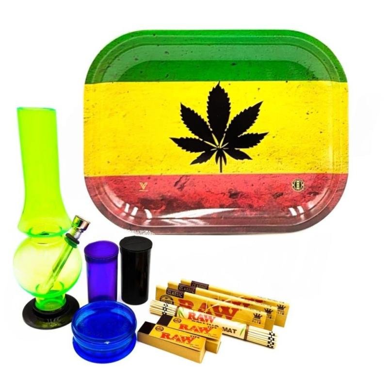 Rasta Black Leaf Metal Rolling Tray Bong Set