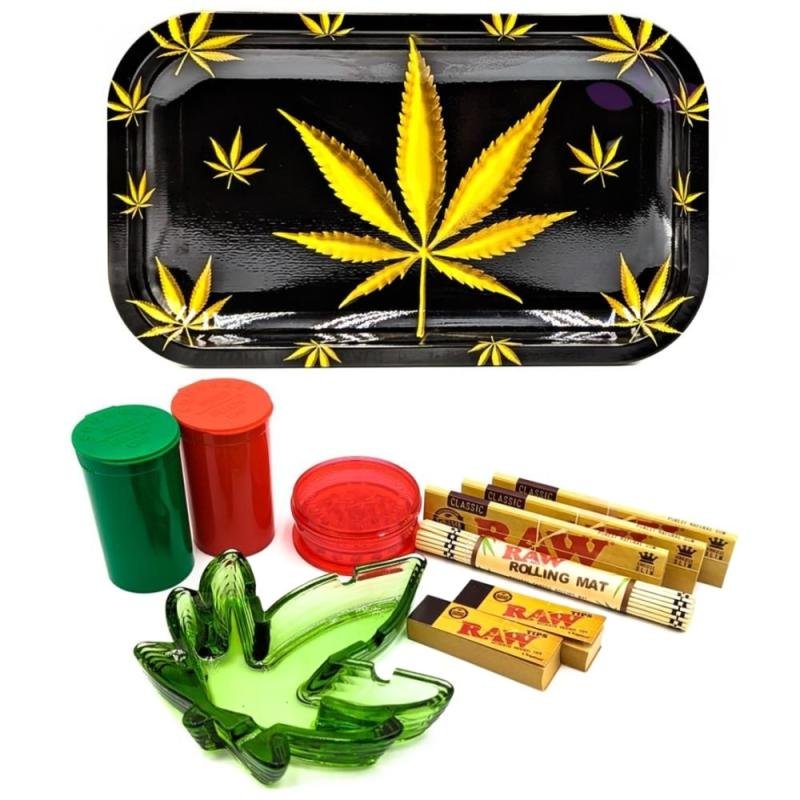 Gold Leaf Black Metal Rolling with Ash Tray Set